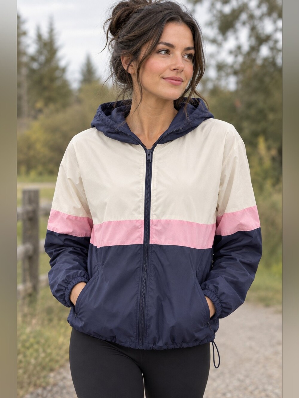 Garage Colorblock Hooded Wind Breaker Jacket, White, Pink & Blue, Size US L